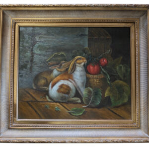 Bunnies Painting, Unsigned Oil On Canvas, 20 x 24.25, PA6544