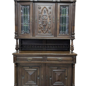 Antique Henri II Carved Buffet, Cupboard, Stained Glass, Oak, 96.5"H, PA6646CG