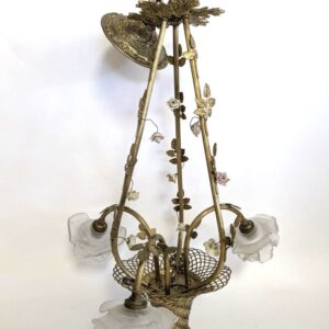 Vintage Brass 3 Light Basket Chandelier, Glass Shades, 24"H, PA6670CG